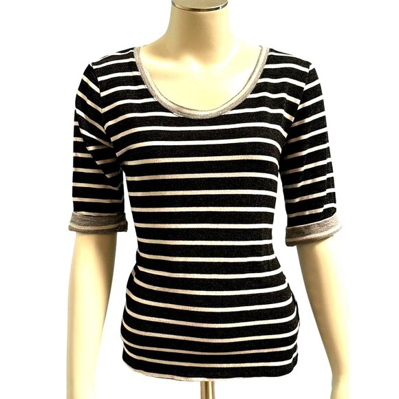 Classy City Chicks Tops - CCC Horizontal Black White Striped Blouse Zipper Back Rolled Sleeves Size Large